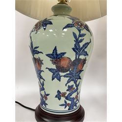 Pair of table lamps of baluster form, decorated with blossoming branches, including shades H62cm  