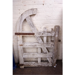  White painted wooden vintage garden gate with scrolled cresting, cast iron latch and hinges, H161cm, W117 max   