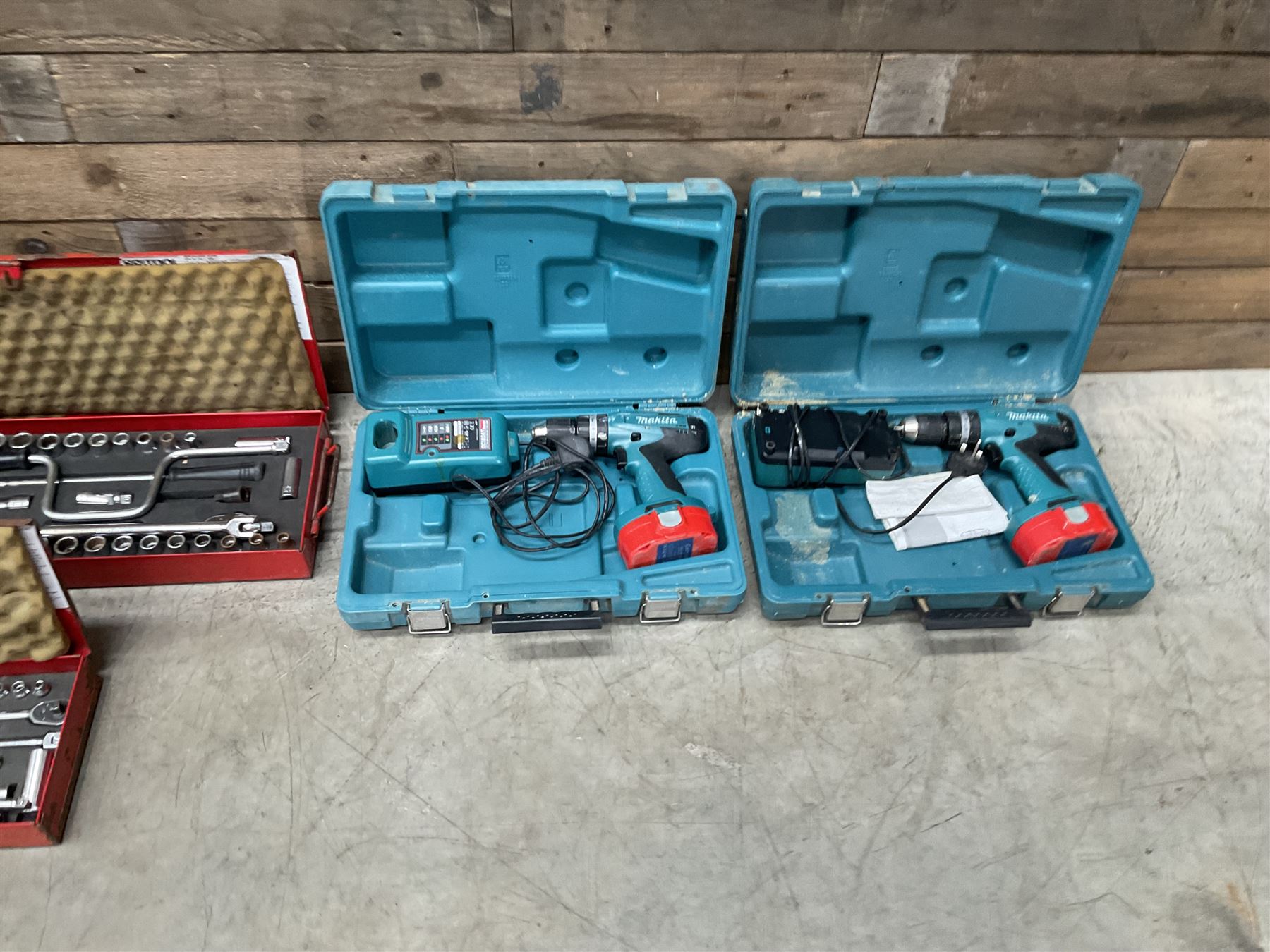 Two Britool socket sets, and two Makita drills