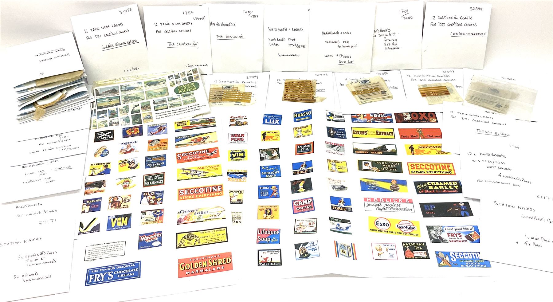 Hornby Dublo etc - large quantity of labels etc comprising headboards and train names including Mallard, Mancunian, Bristolian, Royal Scot, Flying Scotsman, Red Rose, White Rose, etc; destination boards for corridor coaches; station names; miniature posters; insulating tabs; lubricating oil etc; many in original packets.