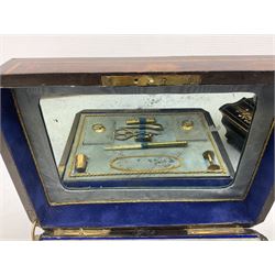 19th century ebonised sewing box with inlaid burr yew panels, and boulle work style brass inlay to the hinged cover, opening to reveal a later fitted interior, upon four ball feet, H13cm W25.5cm D18cm, together with a further later smaller ebonised box of shaped form, (2)