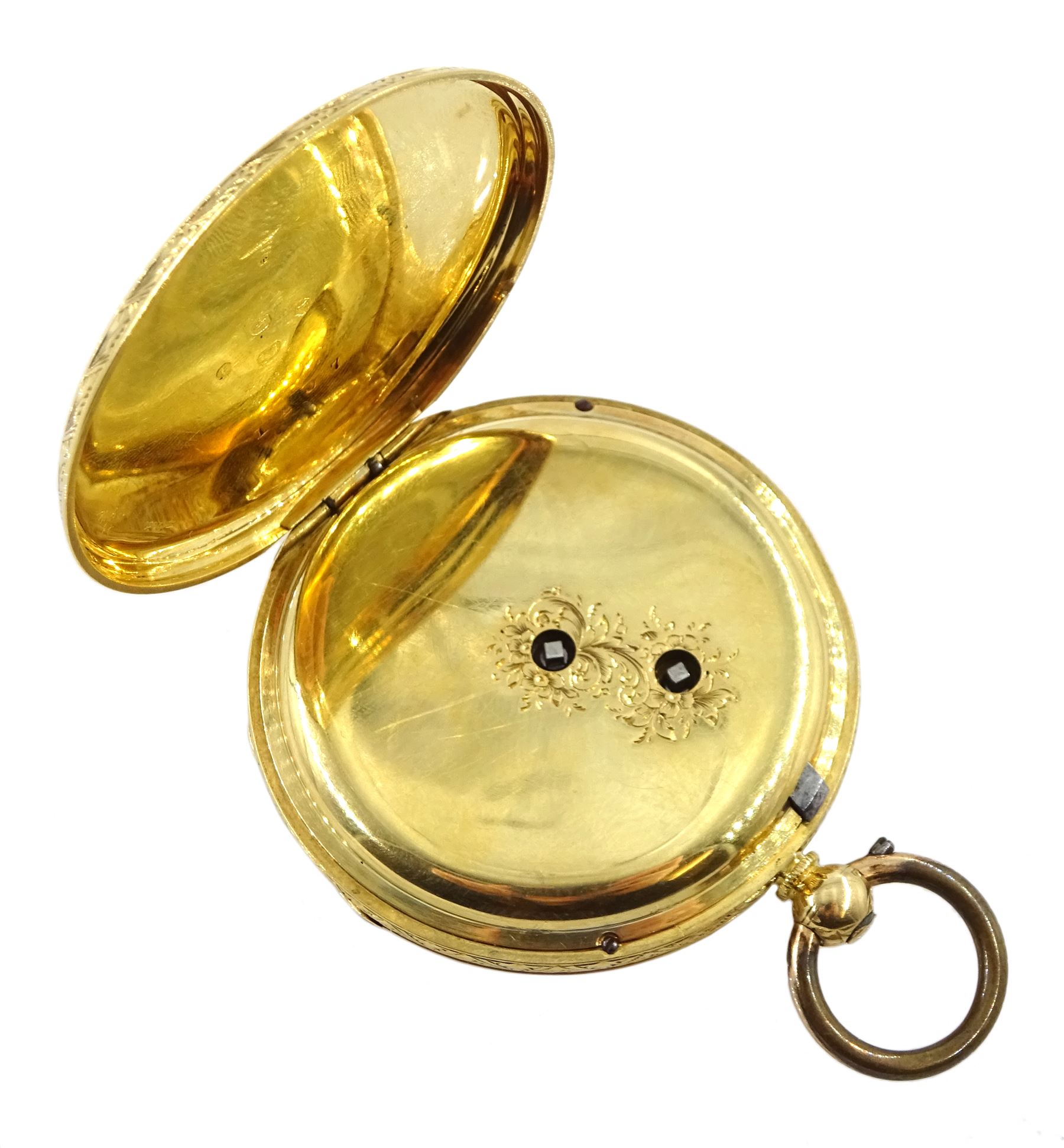 Victorian 18ct gold open face ladies English lever fusee pocket watch No. 1407, gilt dial with Roman numerals and subsidiary seconds dial, back case with engraved flower and foliate decoration, hallmarked London 1861