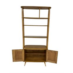 Ercol - 'Giraffe' elm and beech room divider, fitted with shelves and double cupboard