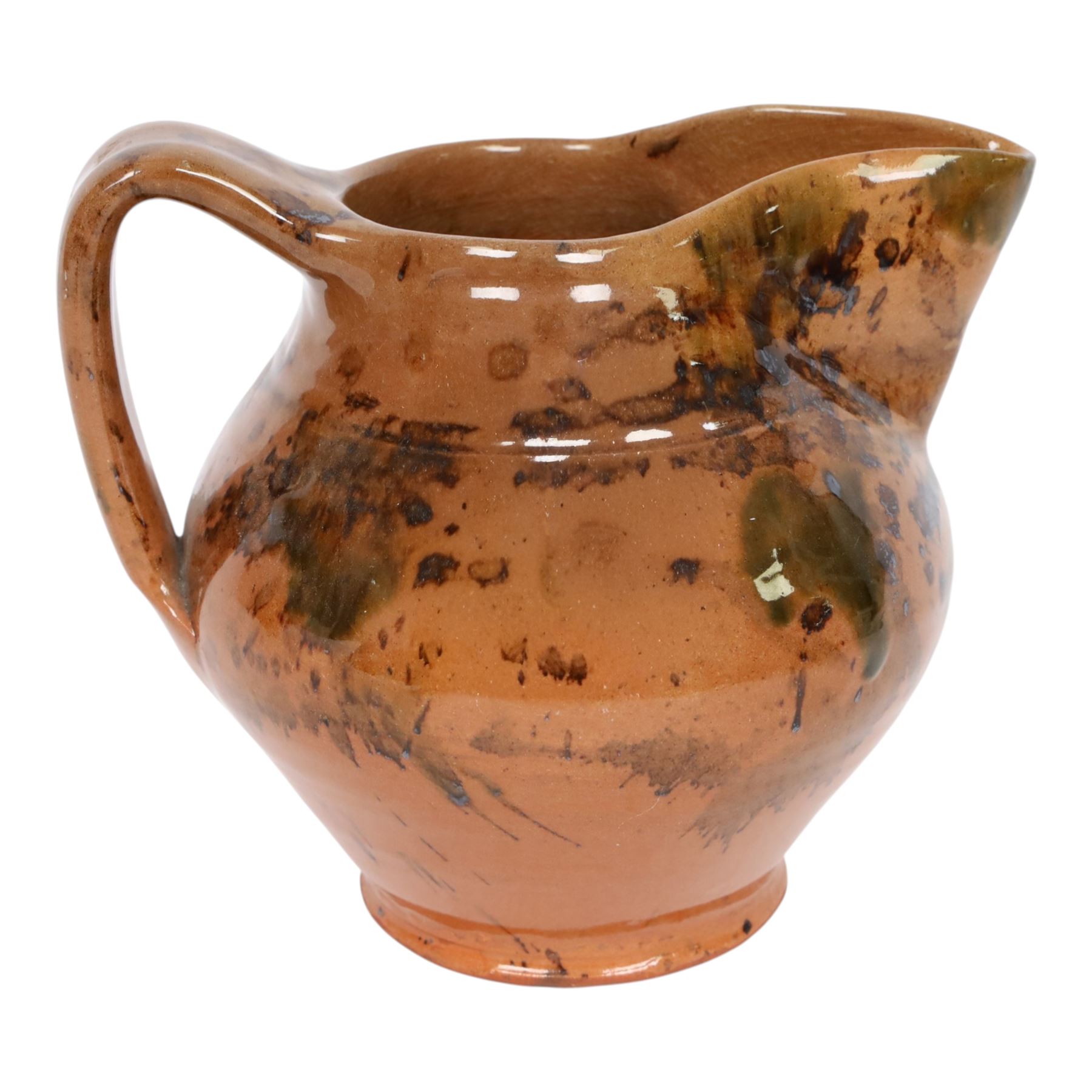 David Garland (b.1941) jug, dark brown glaze with splashes of green and black, signed beneath, H16cm