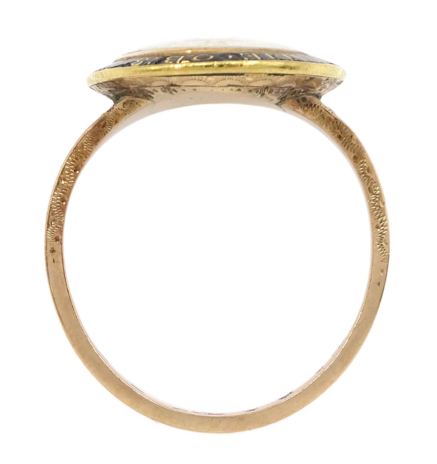 George III gold mourning ring, the bezel enclosing a lock of plaited hair under a reverse white painted urn glass panel, the black enamel border inscribed 'Sarah Stow Lundie OB 8 Apr 1780 AE 32'