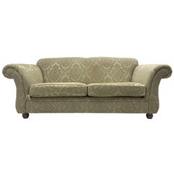 Traditional design three-piece lounge suite - three-seat sofa (W220cm, H90cm, D90cm); two armchairs (W115cm); and two footstools (77cm x 43cm, H31cm); upholstered in cream damask fabric