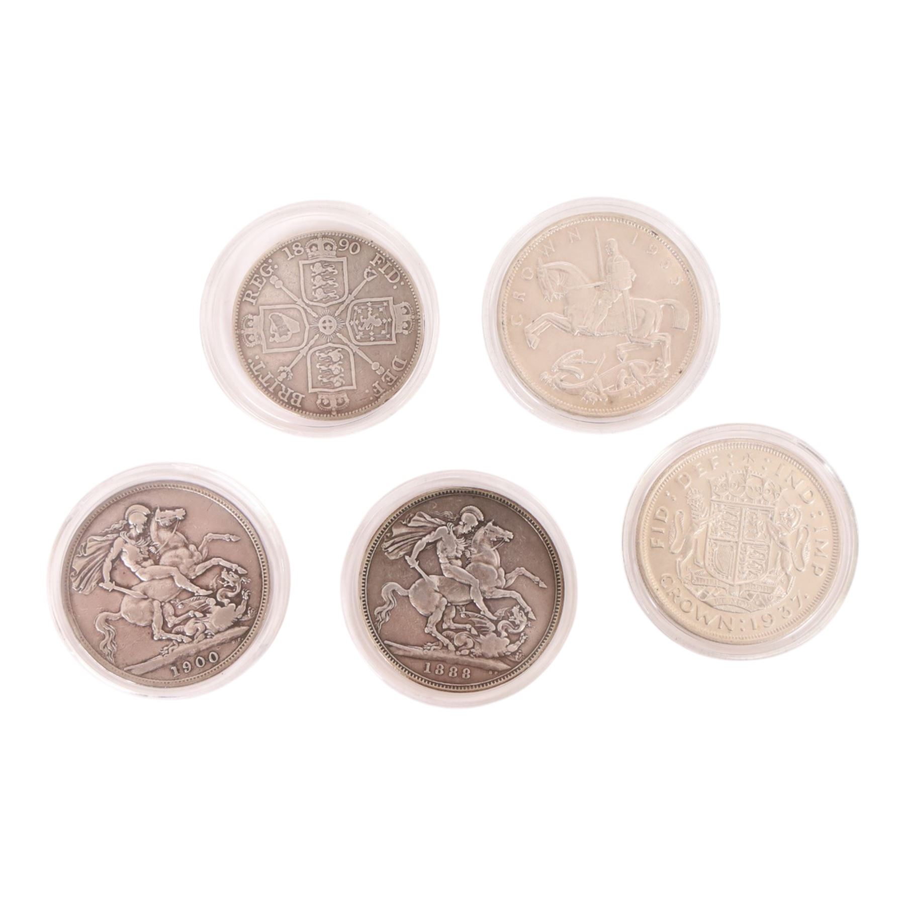 Two Queen Victoria silver one crown coins, 1888 and 1900, Queen Victoria 1890 silver double florin, King George V 1935 'Rocking Horse' silver crown, and King George VI 1937 silver crown (5)