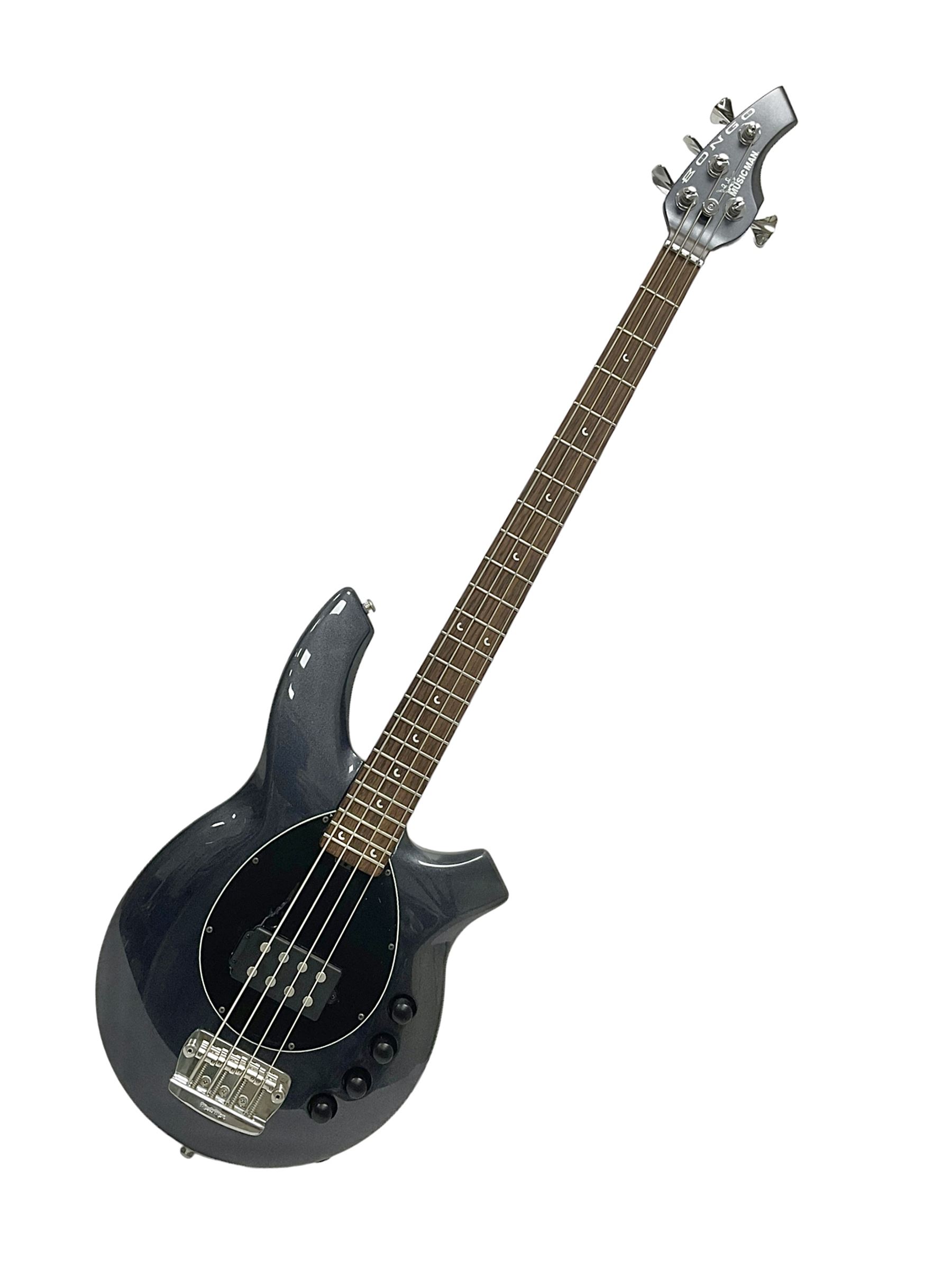 Music Man Bongo 4 string bass guitar, in sapphire black finish, serial no F42547, in black Music Man hard case, guitar L113cm