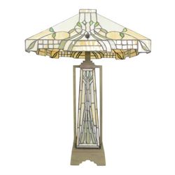 Tiffany style table lamp, the tapering stem and stepped pyramid shade, with naturalistic g...