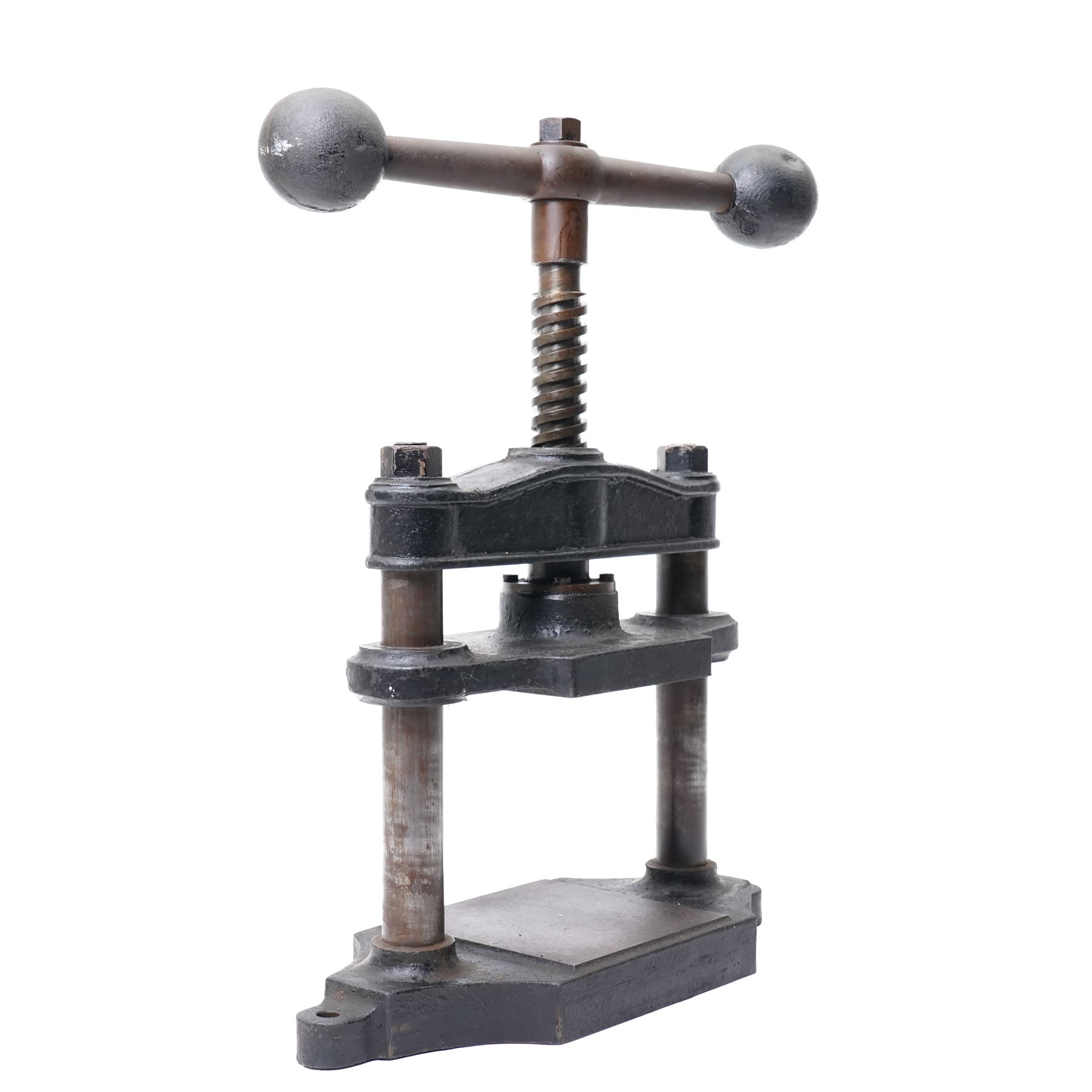 19th century cast iron book press, with large winding handle, H38cm 