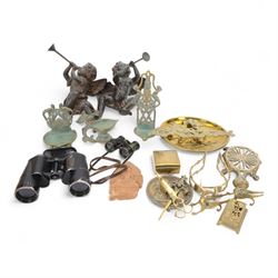 Pair of composite angels, together with brass decorative items, Carl Zeiss Jena 7x 50 bino...
