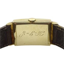 Lord Elgin 14ct gold gentleman's manual wind rectangular wristwatch, stamped 14K, on brown leather strap