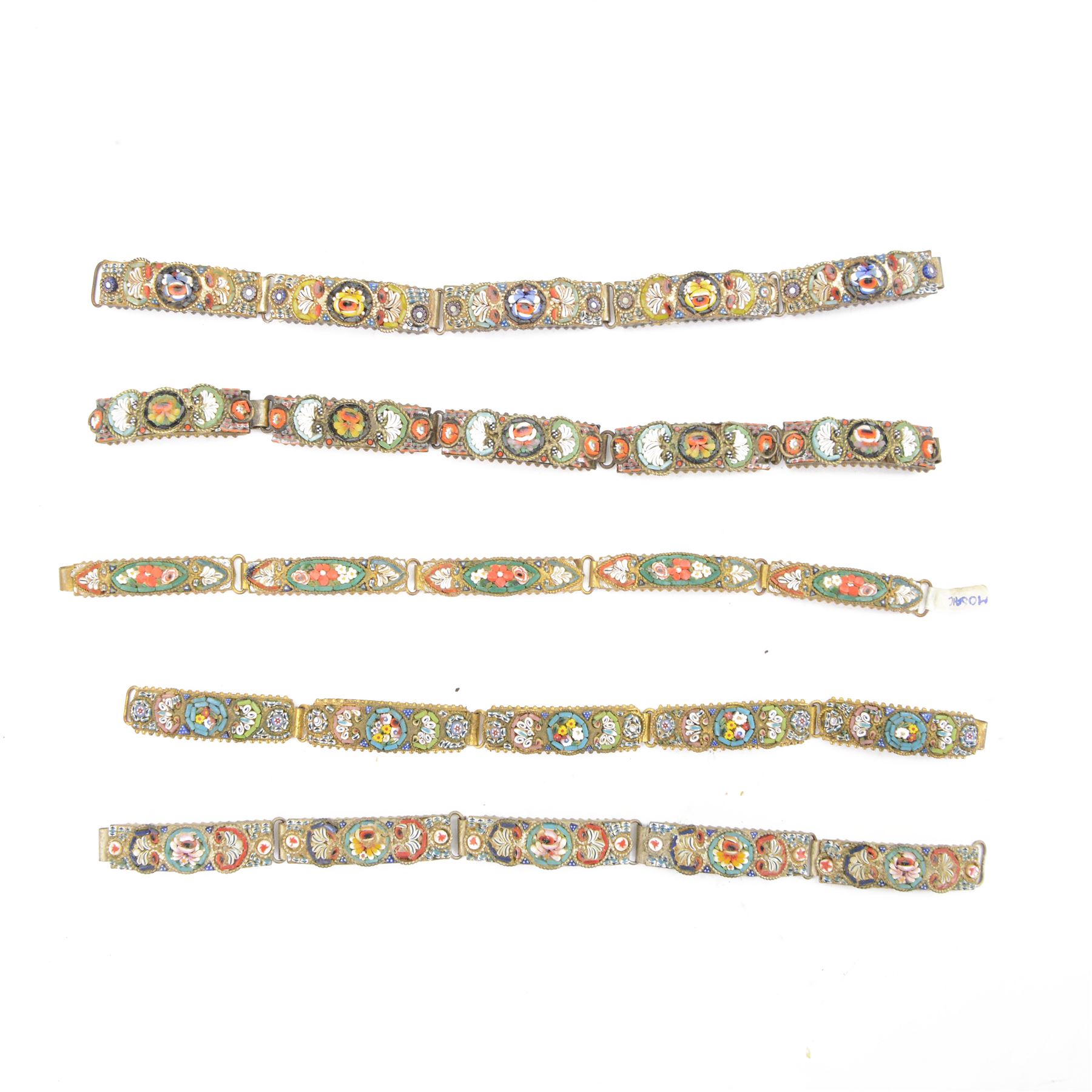 Five micro mosaic bracelets, each bracelet having five panels centred with flowers