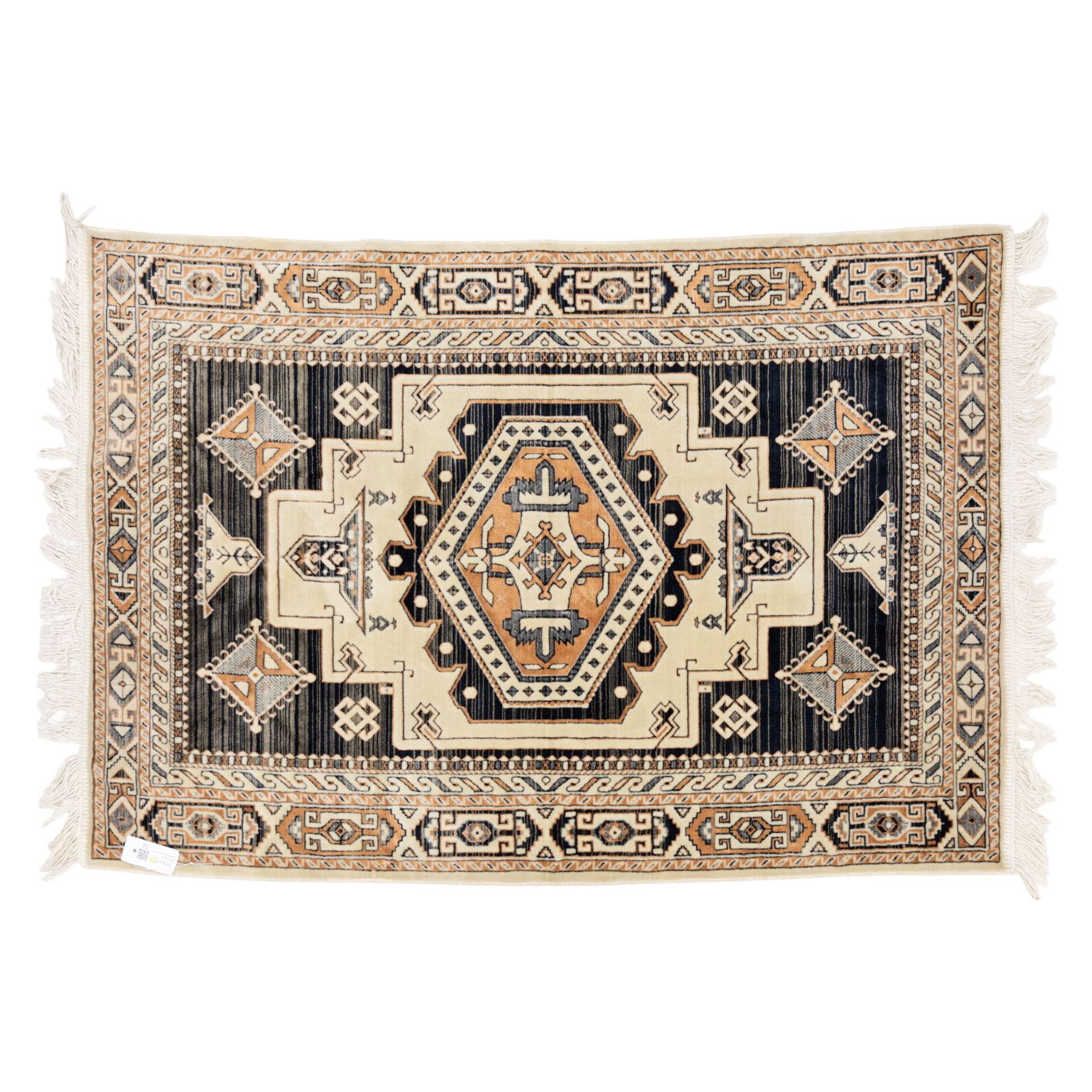Two rugs, small Bokhara-type rug, terracotta ground with repeating hooked lozenge medallions enclosed by geometric borders (H 120cm, W 83cm); and a cream-ground rug, central lozenge medallion with geometric spandrels and border motifs (H 145cm, W 101cm),