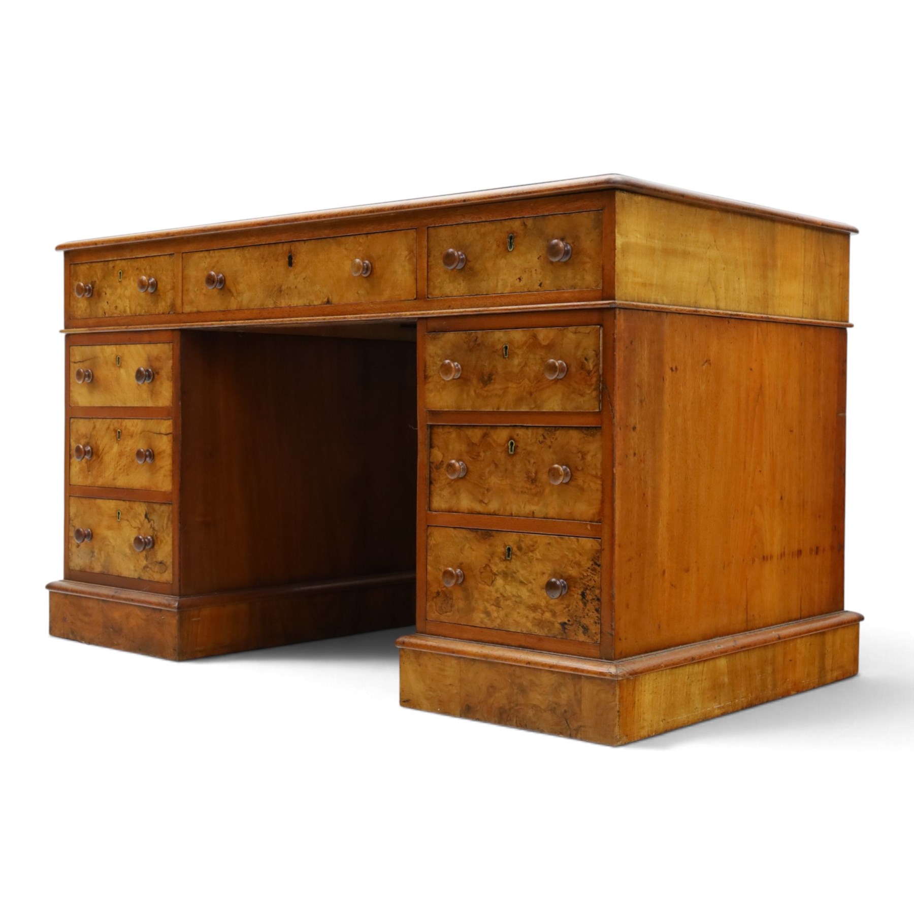 19th century burr walnut twin pedestal desk, rectangular top inset tooled green leather insert with moulded edge, frieze with three drawers with turned wooden pulls, raised on pedestal bases, containing three graduated drawers raised on plinth bases with castors