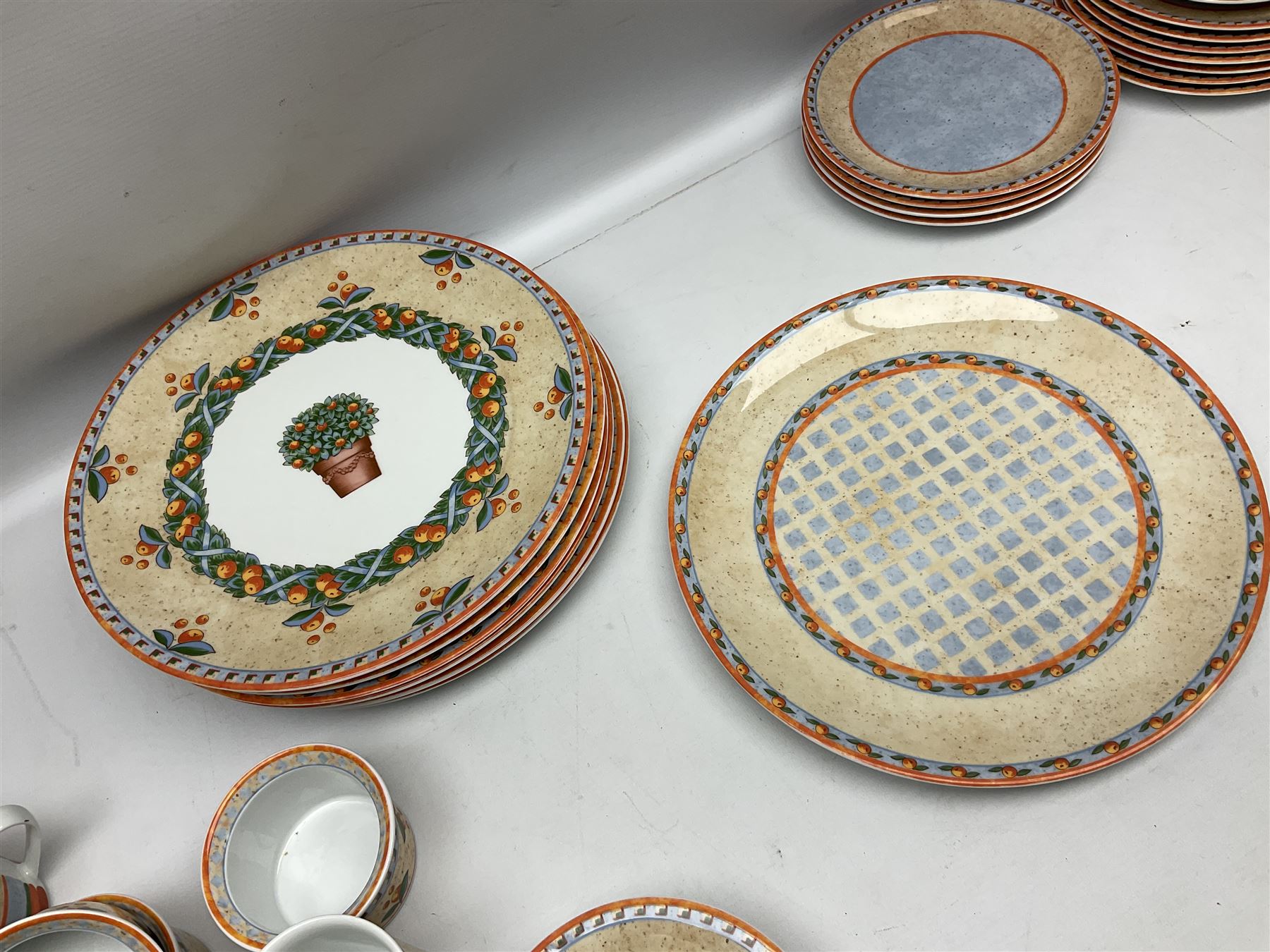 Villeroy & Boch Gallo design Switch 4 Naranja & Nazare pattern tea and dinner wares, to include seven dinner plates, twin handled lidded tureen, five mugs, four saucers, jug, lidded sucrier, large bowl,  seven ramekins, various side plates, two bowls etc