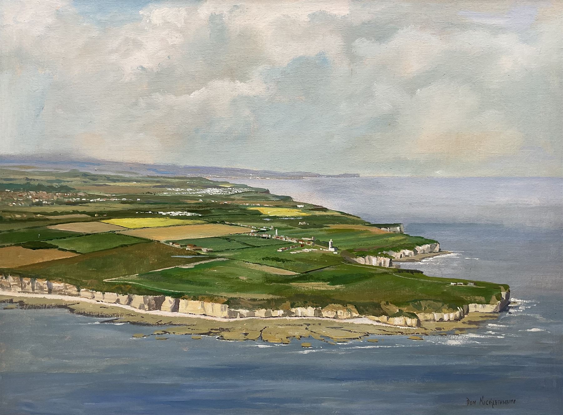 Don Micklethwaite (British 1936-): Aerial View of Flamborough Head, oil on board signed 45cm x 60cm; together with an impressionist oil signed Balmer (2)