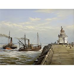 Keith W Hastings (British late 20th century): Steamers off Yarmouth Pier, oil on board signed 26cm x 34cm