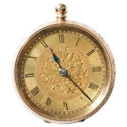 19th / early 20th century 14ct gold cylinder fob watch, gilt dial with Roman numeral hour markers