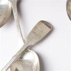 Three George IV silver fiddle pattern teaspoons London 1824, pair of George IV silver condiment spoons, four various silver teaspoons, three Charles Horner thimbles, three other silver thimbles, plated thimbles, two plated decanter labels and a plated Coronation spoon