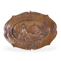 After Charles George Ferville-Suan (French 1847-1925), Art Nouveau bronze dish, of shaped oval form, the centre decorated with a nude female figure reclining amidst waves and holding fish within one hand, in the manner of August Ledru, marked Ferville Suan, W35.5cm
