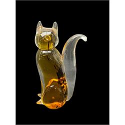 Murano glass cat and figure ina hat, together with tow valletta glass paperweights and bird glass paperweight, cat H20cm 