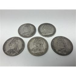 Five Queen Victoria crown coins, dated three 1889, 1897 and 1900 (5)