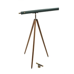 19th century telescope inscribed R. Thomas 7A Duke Street Grosvenor Square London W, with long green cloth covered white metal cylinder, brass fittings with additional eye-piece and folding wooden tripod L120cm H165cm