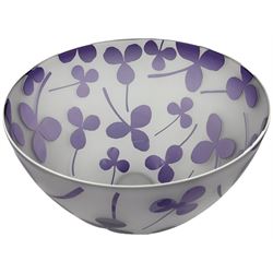 Gillies Jones of Rosedale glass bowl decorated with purple clovers,  upon a short clear tapering foot, signed to base, H16cm D18.5cm