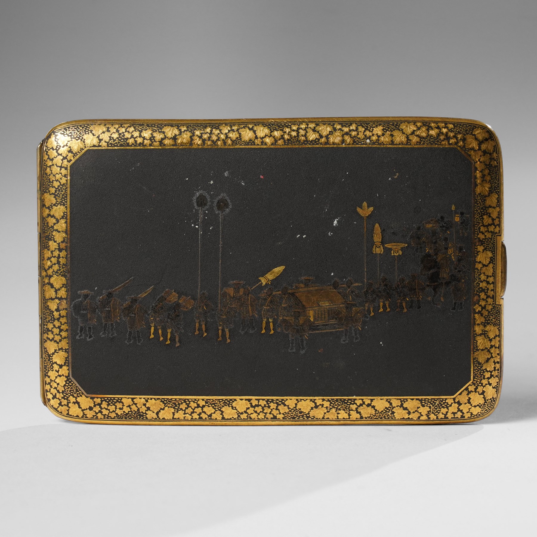 Japanese Meiji Damascene cigarette case, the exterior decorated with the procession of a feudal lord, W12cm 