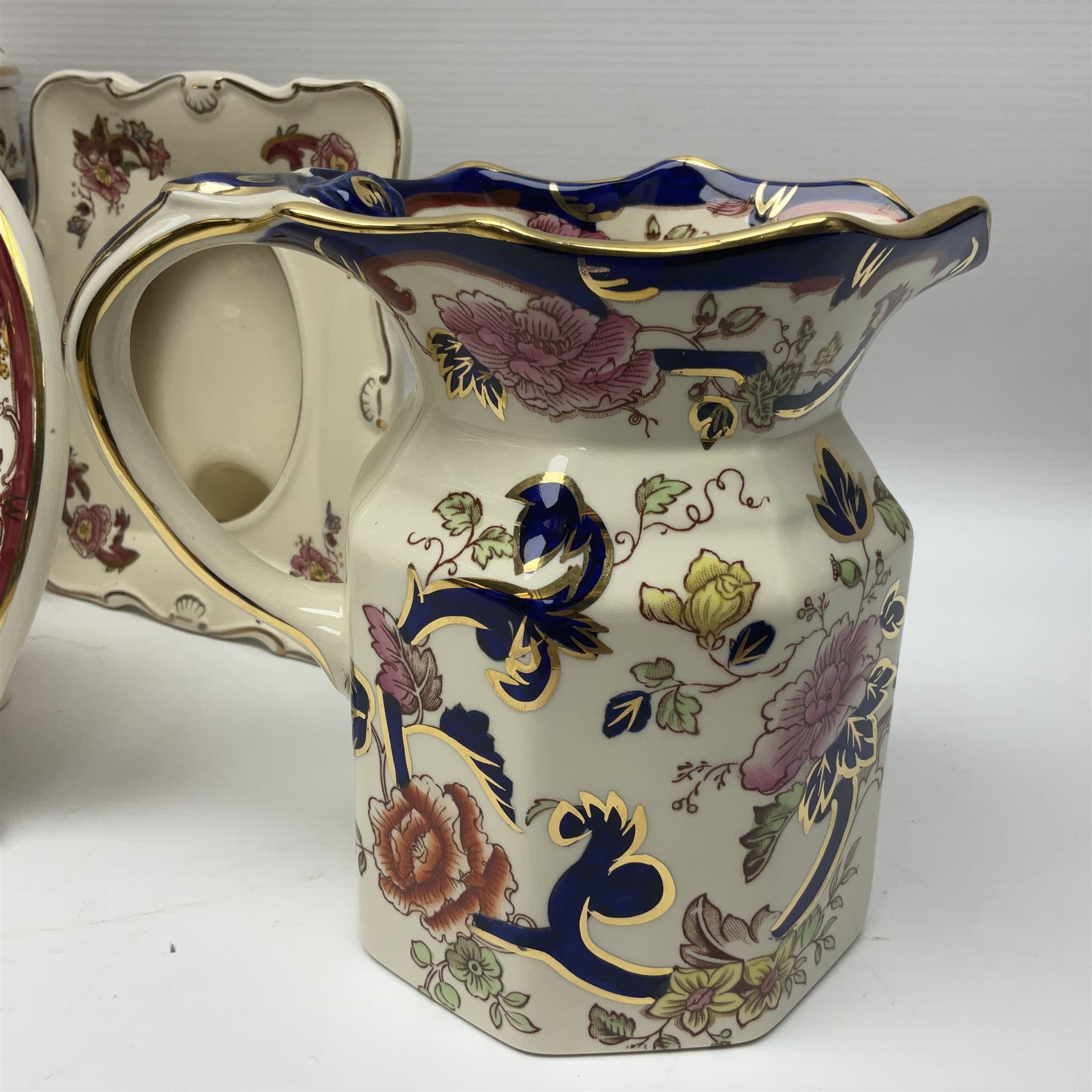 Masons Ironstone in the Mandalay pattern stepped dish, vase, jug , covered jar and two picture frames 