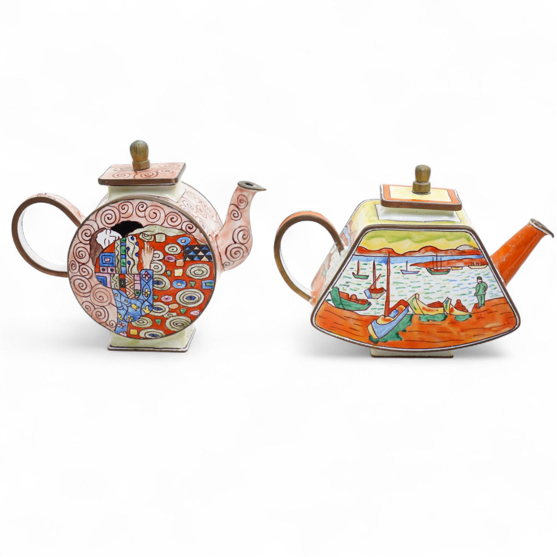 Ten Charlotte de Vita for Trade plus Aid miniature hand-painted enamel teapots, designs comprising The Kiss, Peter Rabbit, Dancing Girls, Catkins etc; and one other painted enamel teapot, largest H9.5cm (11)