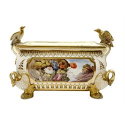 19th century Coalport bough pot, circa 1820, of bombe form, the body with twin handles surmounted by two birds and raised upon four feet modelled as swans, hand painted with two panels depicting an urn of flowers set against a mountainous landscape, the whole heightened in gilt throughout, H13cm L21cm