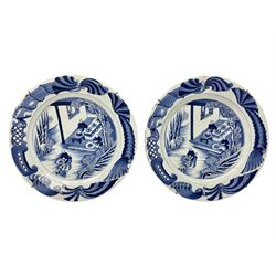 Pair 19th century Chinese blue and white large chargers, decorated with a central scene of figures in a garden, D38cm