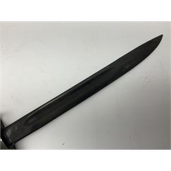 Australian Owen sub-machine gun bayonet, the 25.5cm fullered steel blade marked '53'; in metal bound wooden scabbard marled MA53 L41cm overall