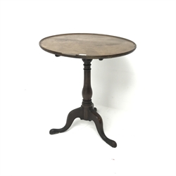 19th century dish top tilting table, single turned column on three supports, D63cm, H72cm