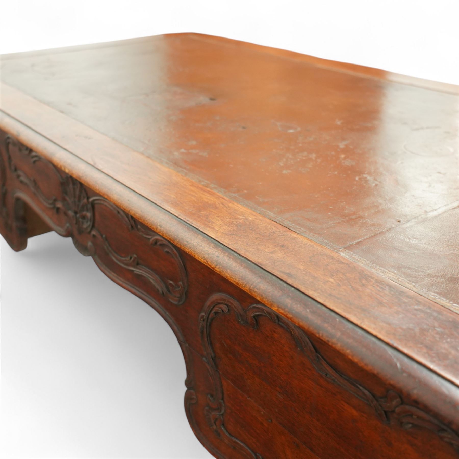 19th-century French mahogany Bureau Plat, inset tooled leather top over three frieze drawers, shaped apron, and cabriole legs carved with acanthus detail 