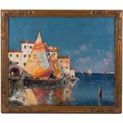 Bruno Gherri-Moro (Italian 1899-1967): Sail Boats at 'Chioggia', oil on canvas signed and titled 45cm x 54cm