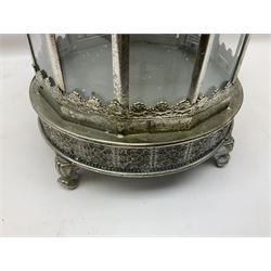 Glass pane lantern, with pierced metal decoration and a glass domed top, H60cm