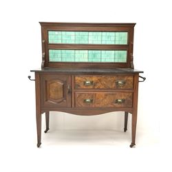 Late Victorian walnut wash stand, raised shaped tiled back, two drawers flanking single cupboard, shaped apron, square tapering supports 