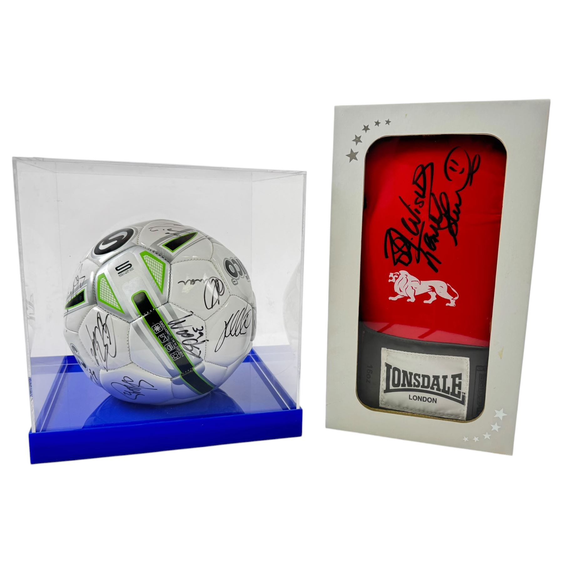 Lonsdale boxing glove, signed by Frank Bruno in black marker pen, in presentation box with certificate of authenticity from Exclusive Memorabilia, World Championship Boxing poster, signed by Joe Calzaghe and Juan Carlos Gimenez (El Toro), framed, H89cm and a signed Millwall football in acrylic display case