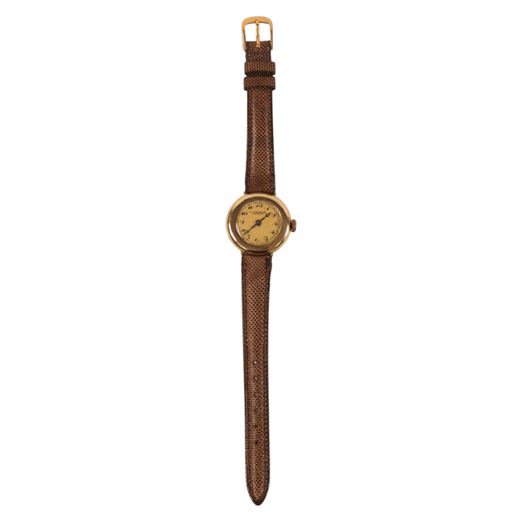 18ct gold manual wind wristwatch with cream dial, stamped 18K with Helvetia hallmark