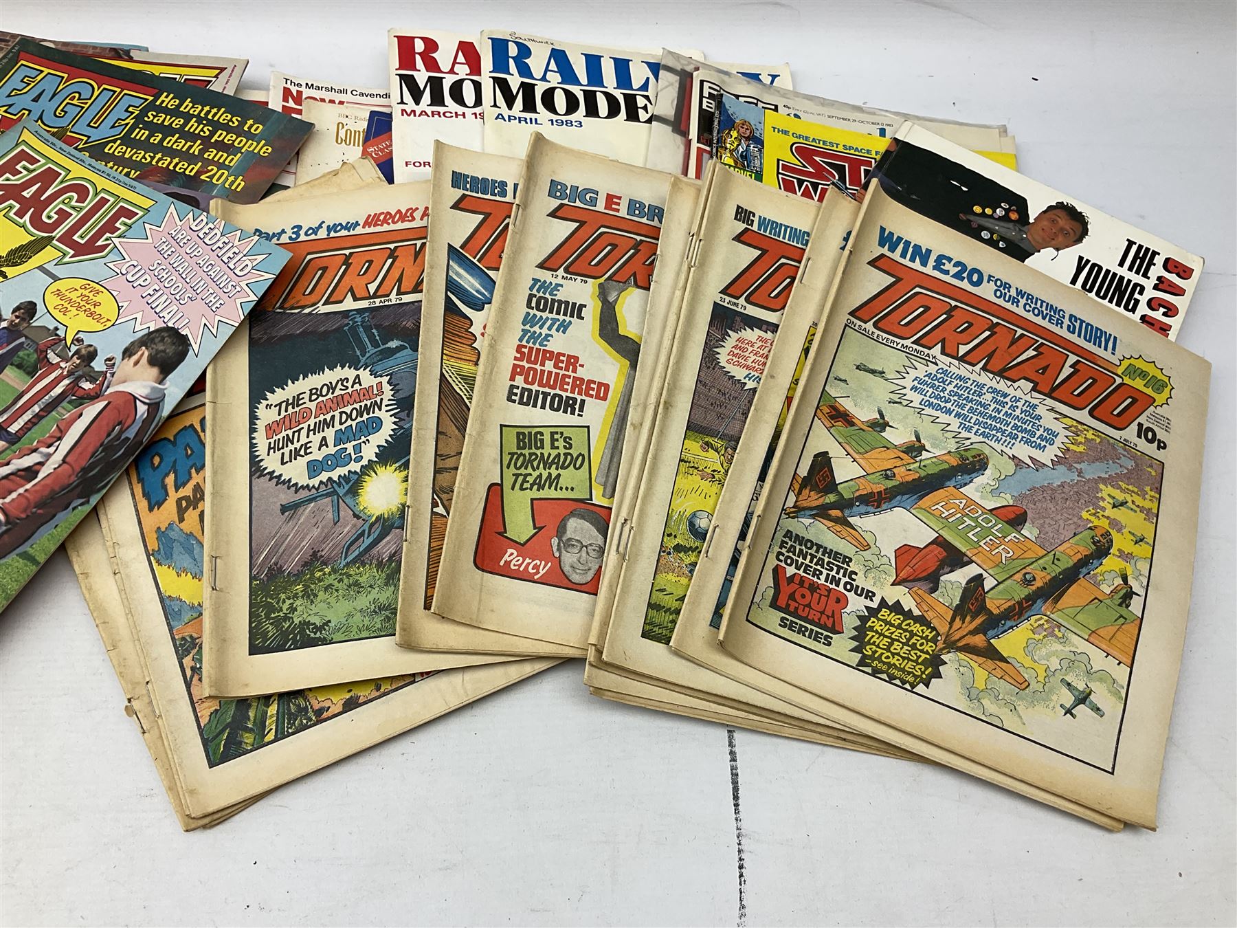 Eagle Comic No.1 27 March 1982 to 19 March 1983, Tornado Comic No.1 to No.22 18 Aug 1979, and quantity of other comics, books, magazines etc