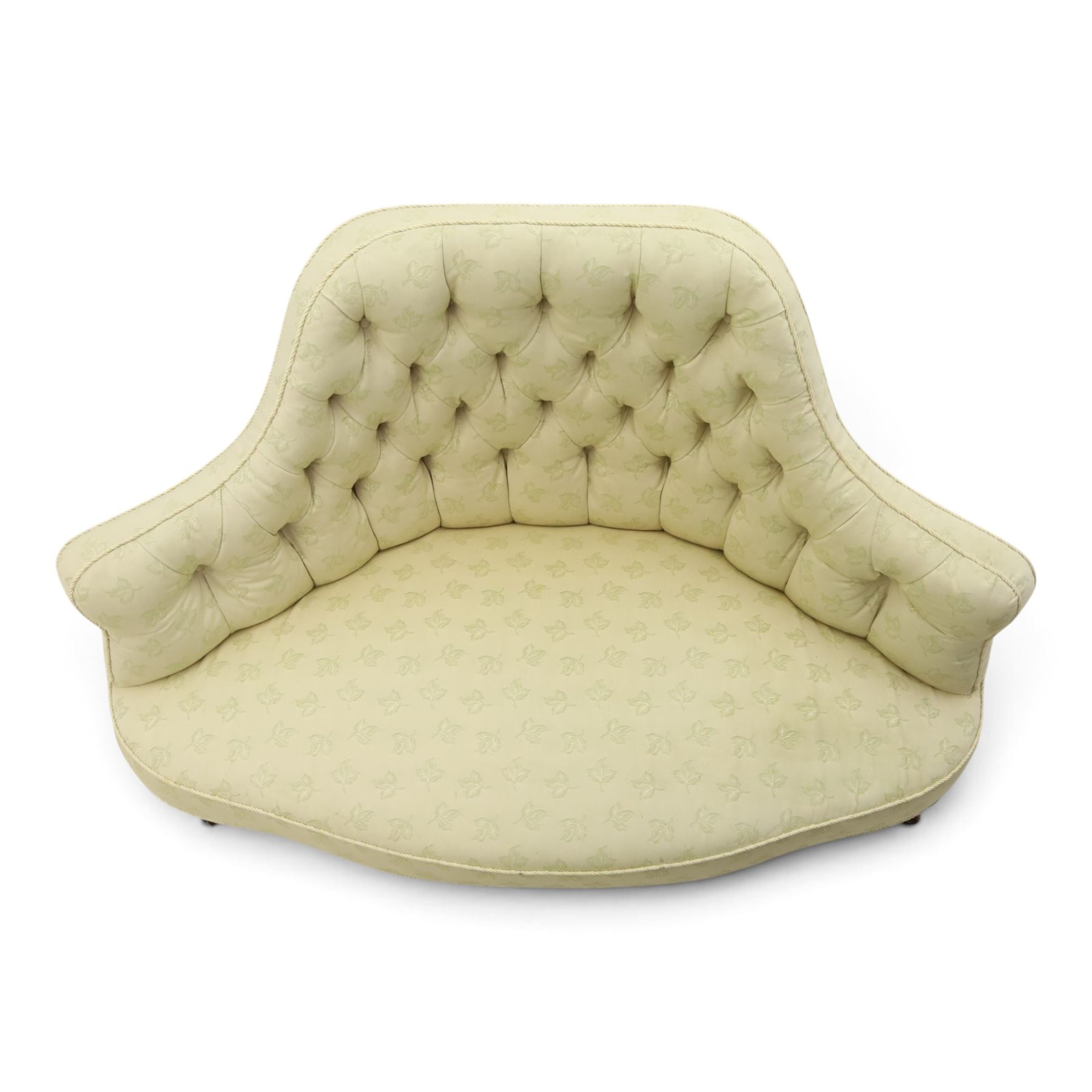 Victorian mahogany frame parlour settee, in back-buttoned ivory fabric
