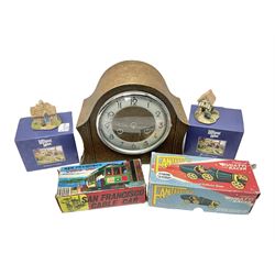 Oak cased mantel clock, two boxed Lilliput Lane cottages and two boxed tin-plate toys