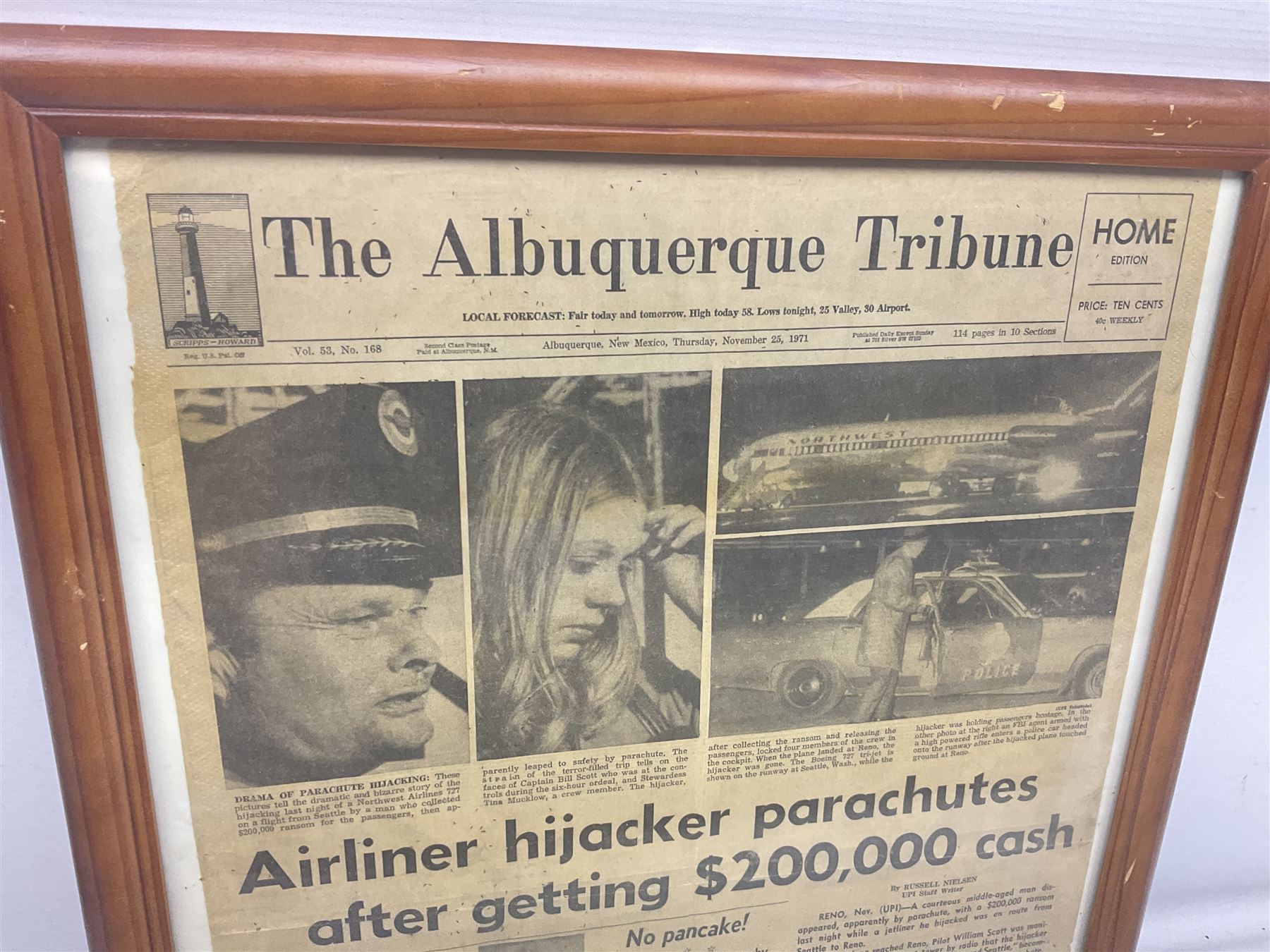 The Albuquerque Tribune, D.B. Cooper Airline Hijacker newspaper cutting, framed