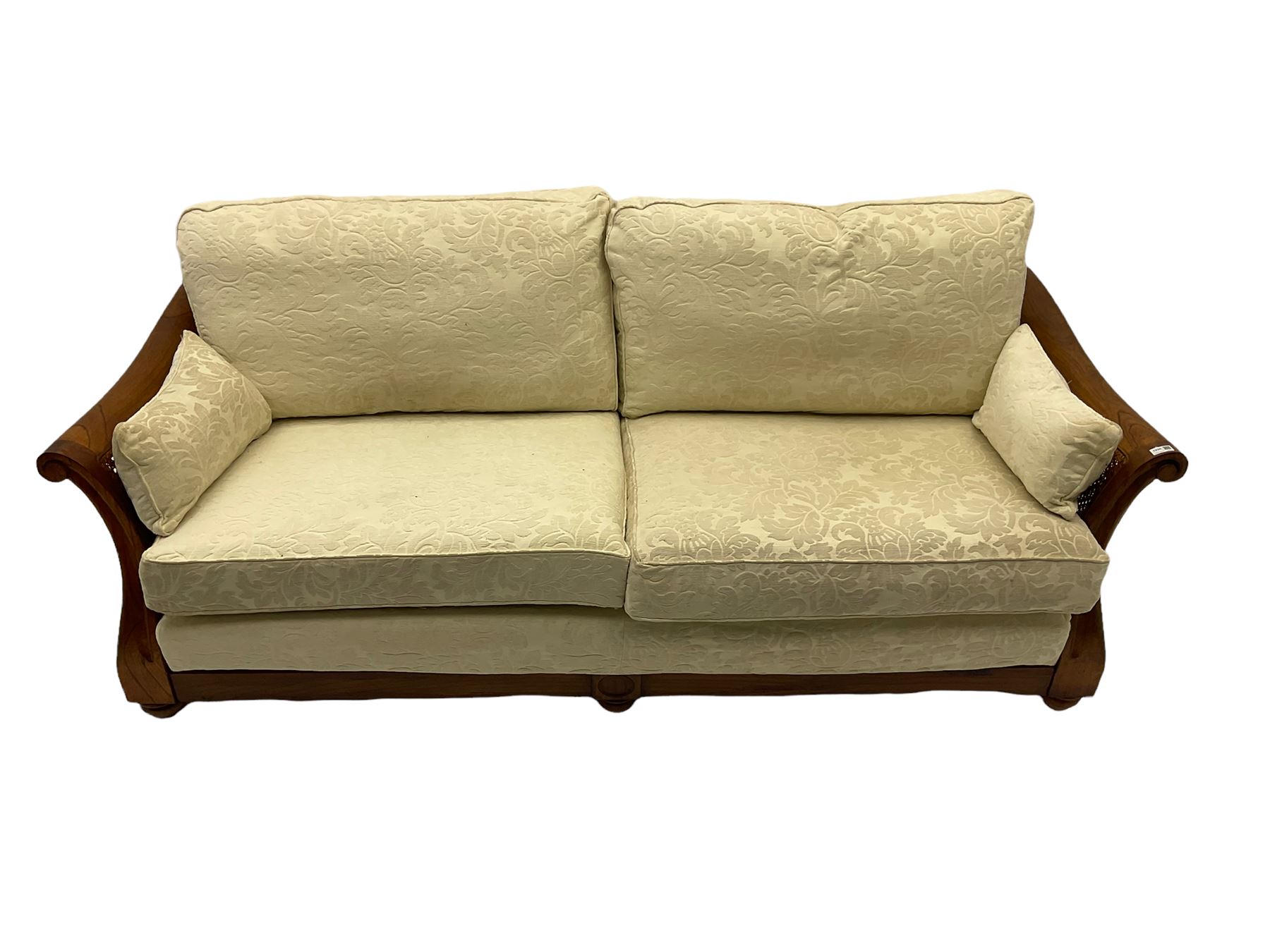 Multi-York - Hardwood framed bergère lounge suite, three seat sofa (W204cm), and pair matching armchairs (W90cm), upholstered in cream floral pattern fabric 