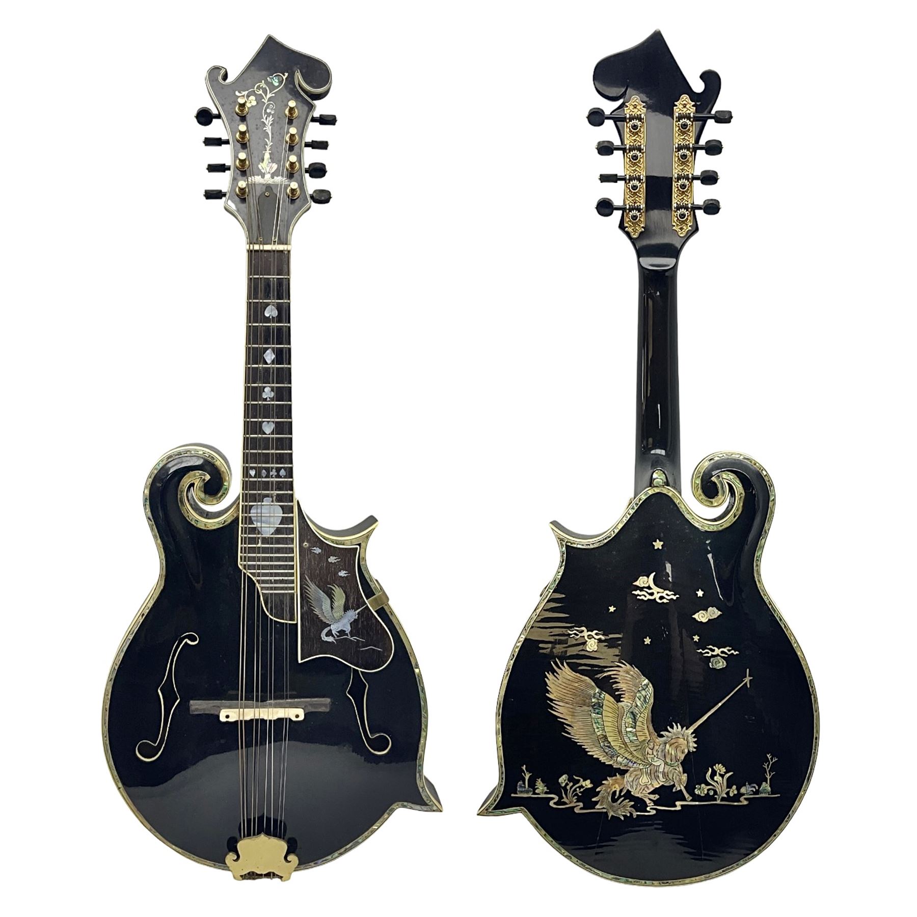 Eastern F-hole eight-string mandolin with black finish and mother-of-pearl inlay of a man riding a winged horse/unicorn amongst clouds and stars with playing card suits to the fingerboard L71cm
