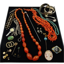 Victorian and later jewellery including heavy agate bead necklace, two silver bangles silver chain, all stamped coral and turquoise bead necklaces and a silver gold club hat pin, Birmingham 1908