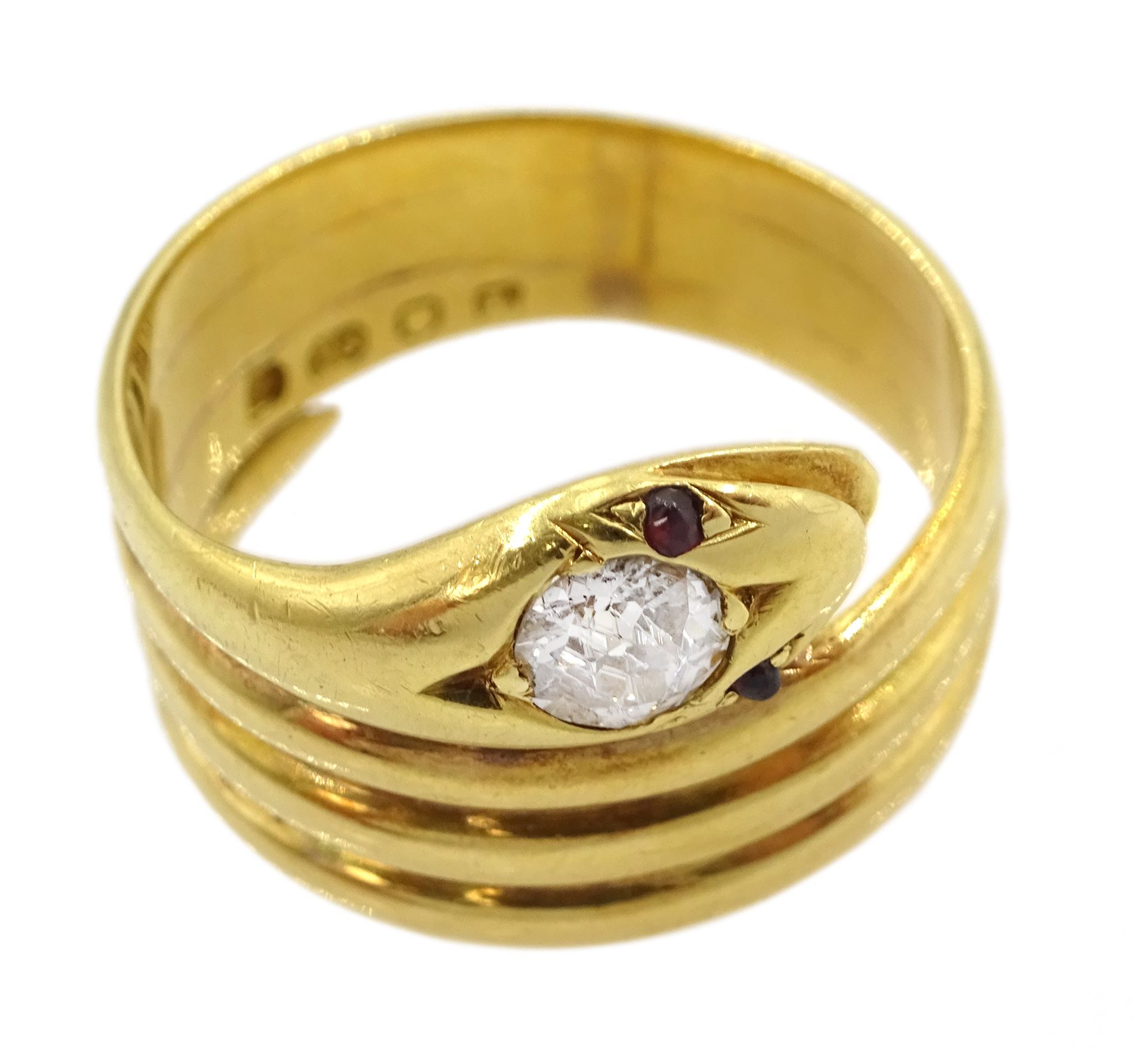 Victorian 18ct gold coiled snake ring, the head set with a single stone diamond and stone set eyes, makers mark EB, London 1886, diamond approx 0.35 carat